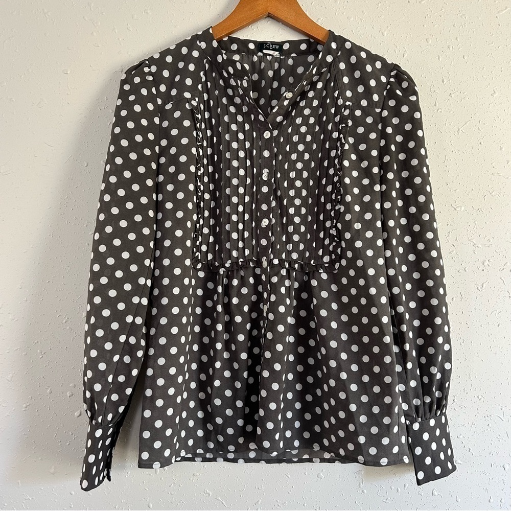 J. Crew Grey White Polka Dot Long Sleeve Blouse Preppy Office Small Medium